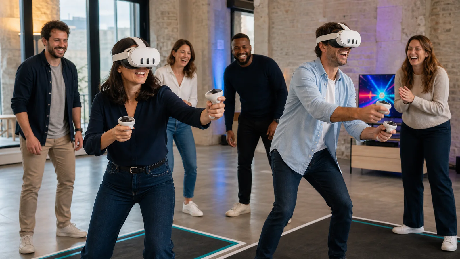 Des collègues s’encouragent pendant un défi de team building en réalité virtuelle